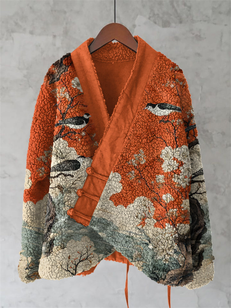 Japanese Flower And Bird Art Cozy Fleece Kimono Cardigan