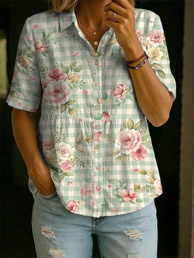 Women's Retro Floral Print Casual Comfort Short-Sleeve Shirt