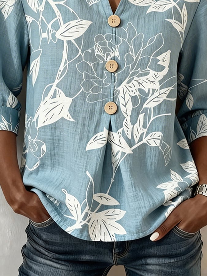 Women's Casual V-Neck Printed Cotton-Linen Top