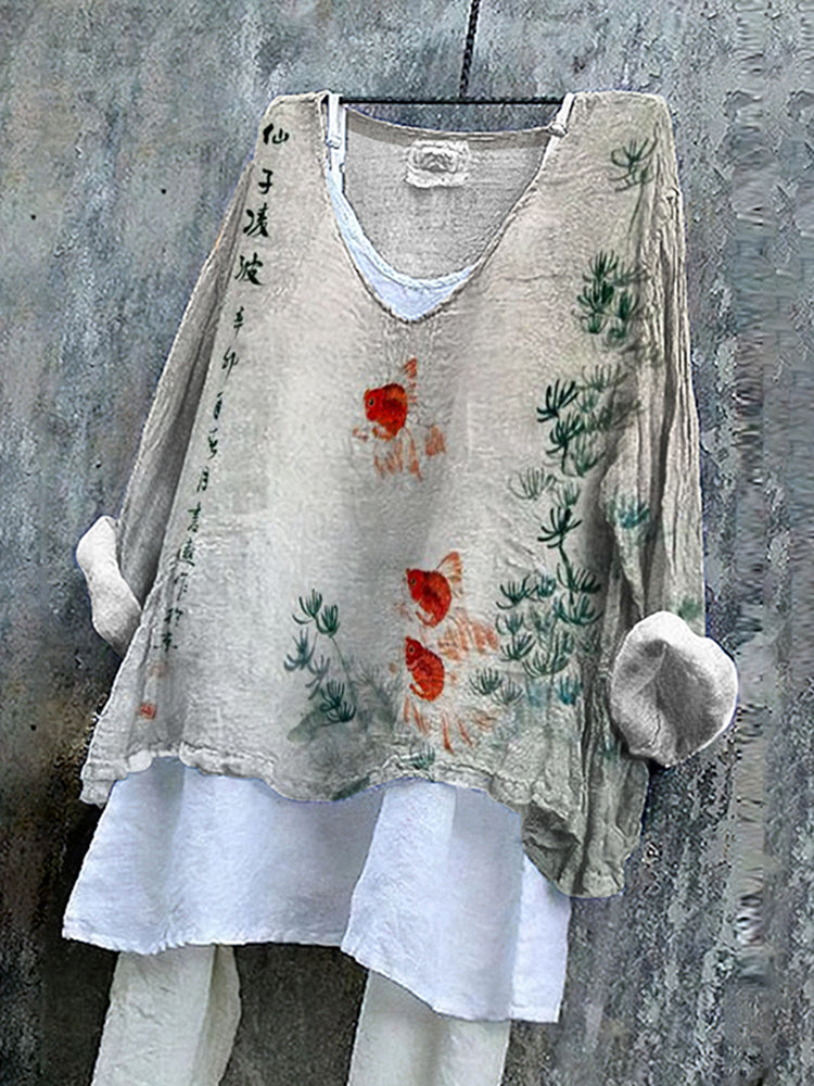 Women Bamboo And Goldfish Ink And Wash Printed V Neck Shirt
