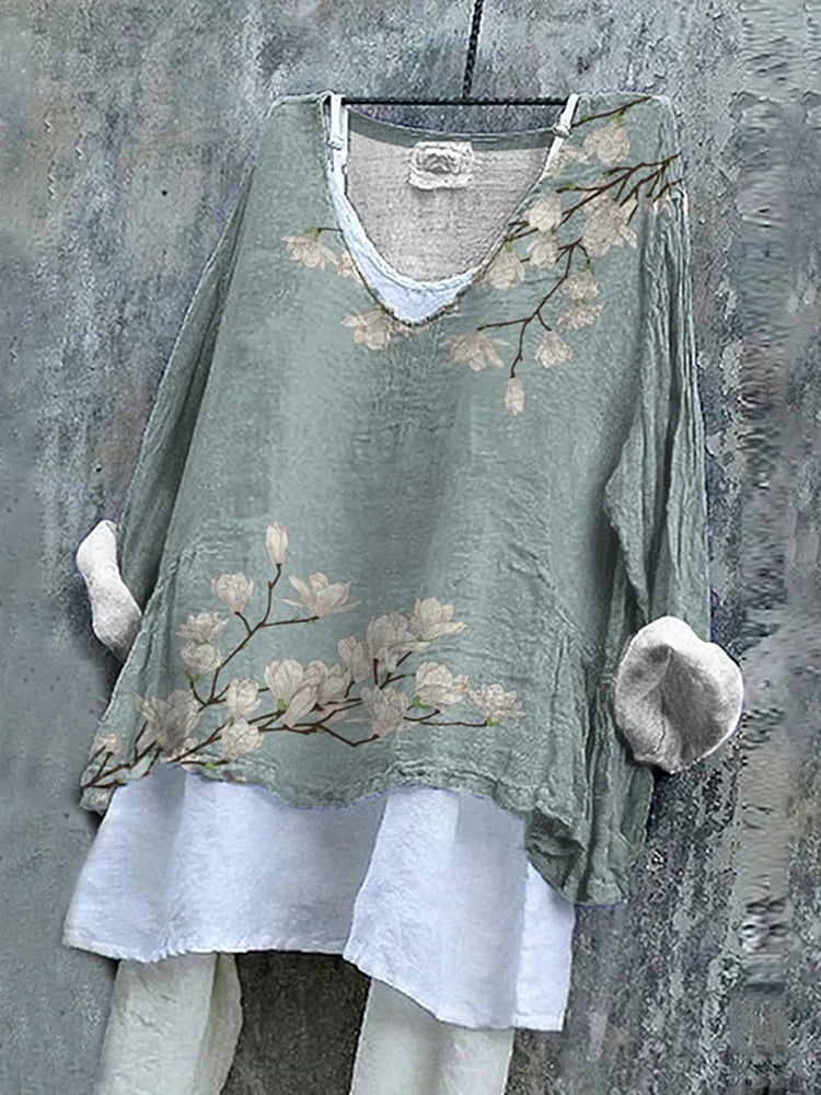 Vintage Floral Cotton Linen V Neck Casual Shirt