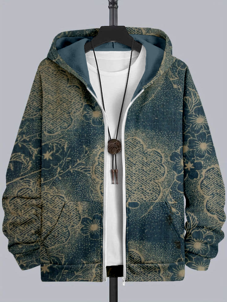 Japanese Cherry Blossom & Sayagata Patterns Full Zip Hoodie