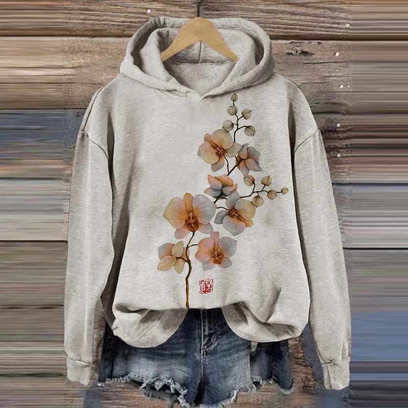 Women's Vintage Phalaenopsis Floral Art Printed Hoodie