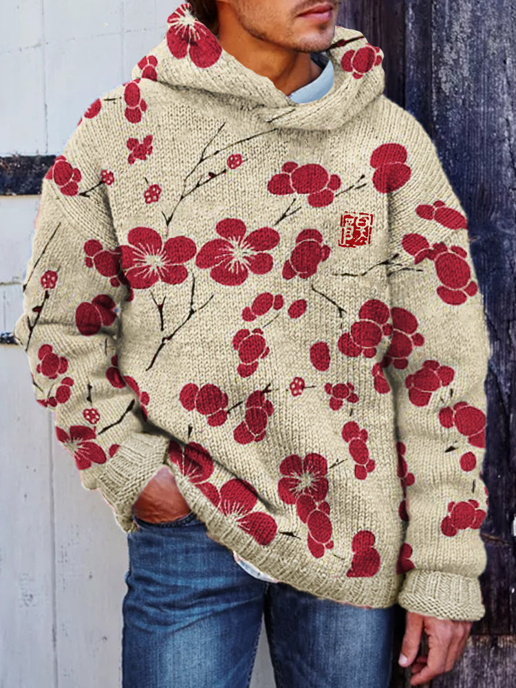 Men's Cherry Blossom Japanese Lino Pattern Cozy Hooded Sweater