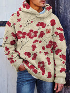 Men's Cherry Blossom Japanese Lino Pattern Cozy Hooded Sweater