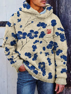 Men's Cherry Blossom Japanese Lino Pattern Cozy Hooded Sweater