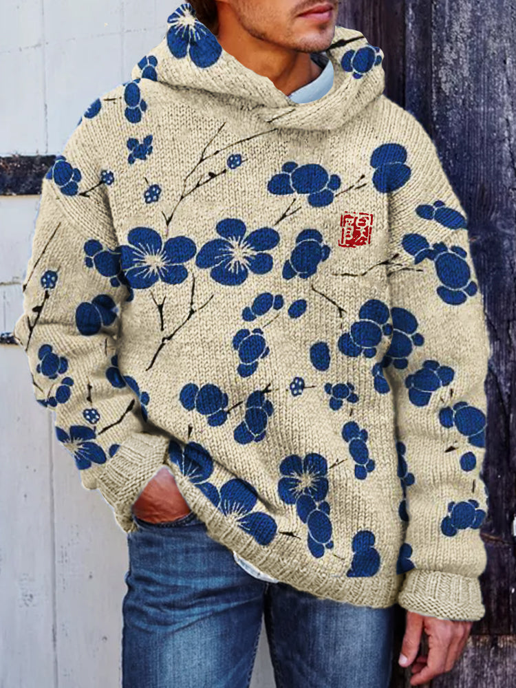 Men's Cherry Blossom Japanese Lino Pattern Cozy Hooded Sweater