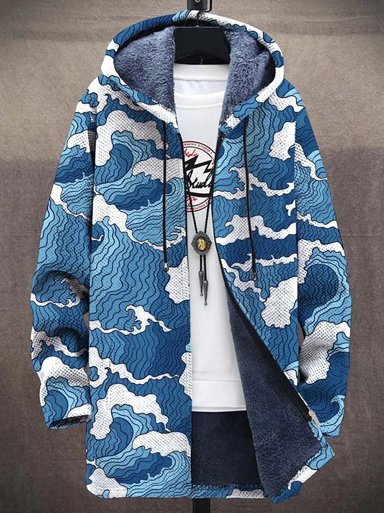 Retro Waves Print Long Sleeve Hooded Cardigan Jacket