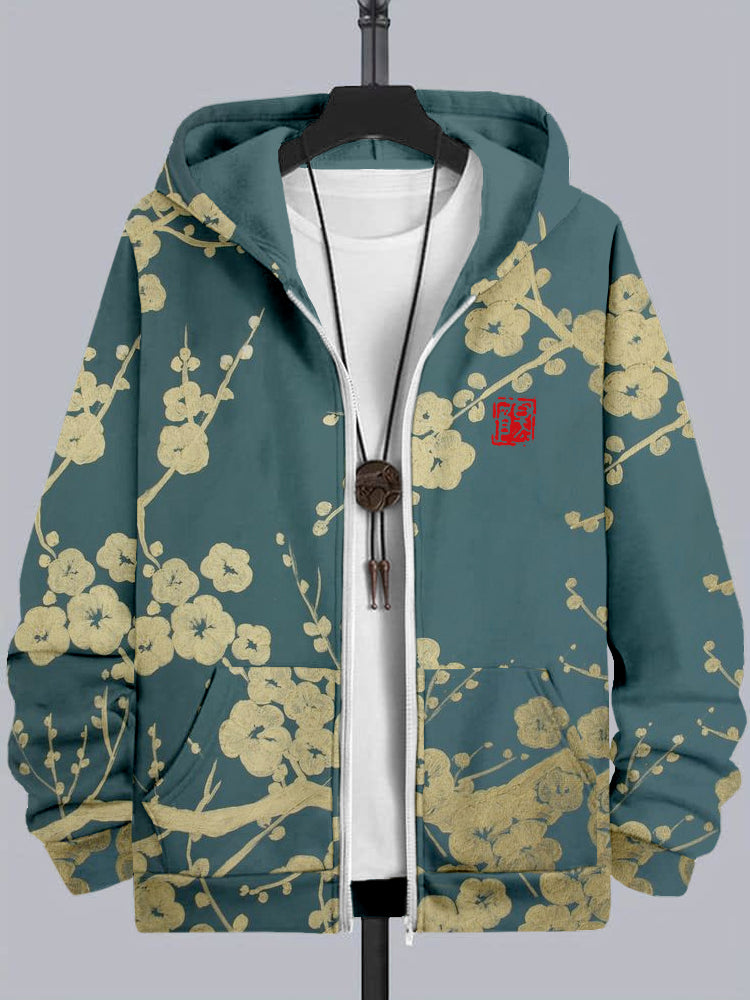 Men's Japanese Plum Blossom Art Comfy Full Zip Hoodie