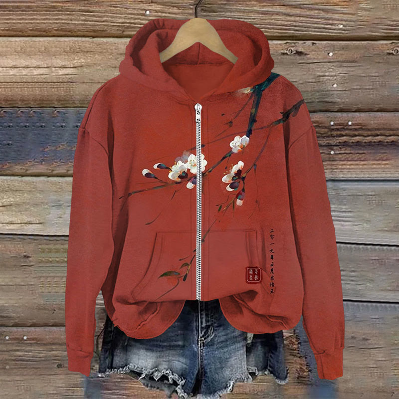 Japanese Art Sakura Print Long Sleeves Zip Hoodie