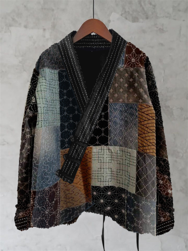 Japanese Sashiko Geometric Patchwork Pattern Women's Kimono