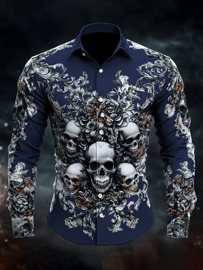 Men's Casual Vintage Brogue Skull Pattern Shirt