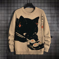 Men's Japanese Black Cat Eating Sushi Print Knit Sweater
