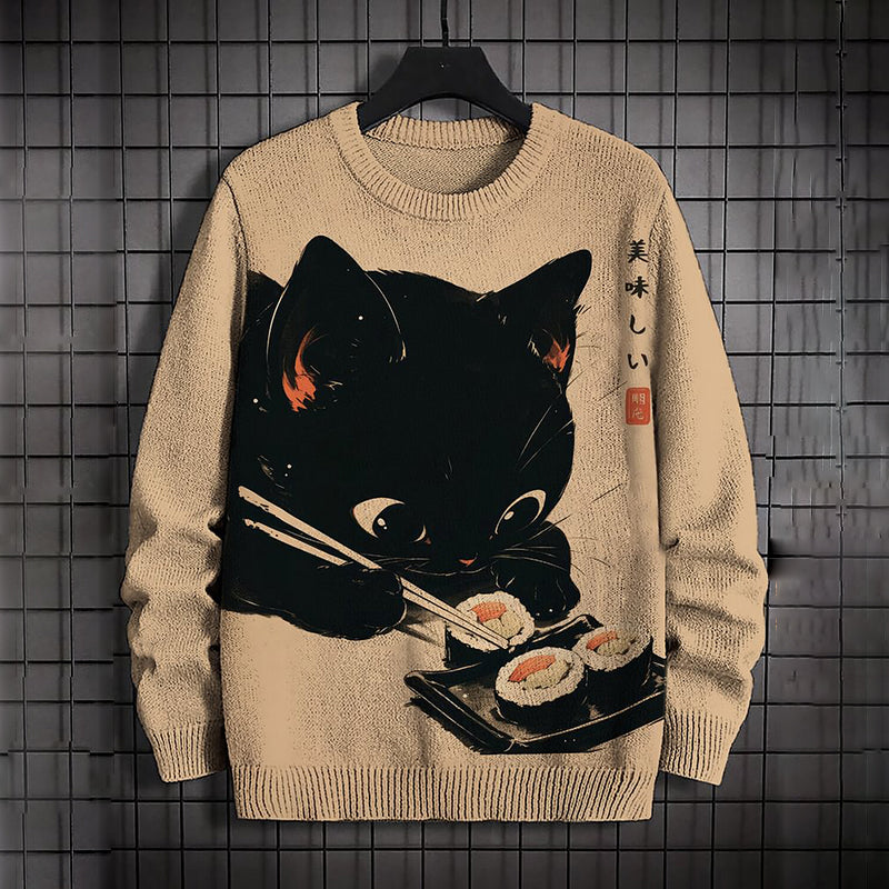 Men's Japanese Black Cat Eating Sushi Print Knit Sweater