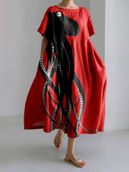 Vintage Japanese Art Octopus Print Casual Midi Dress