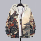 Men's Cat Warrior Guard With Knife Art Print Casual Hooded Zip Up Jacket