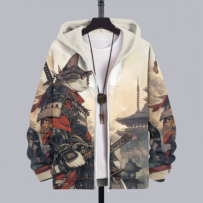 Men's Cat Warrior Guard With Knife Art Print Casual Hooded Zip Up Jacket