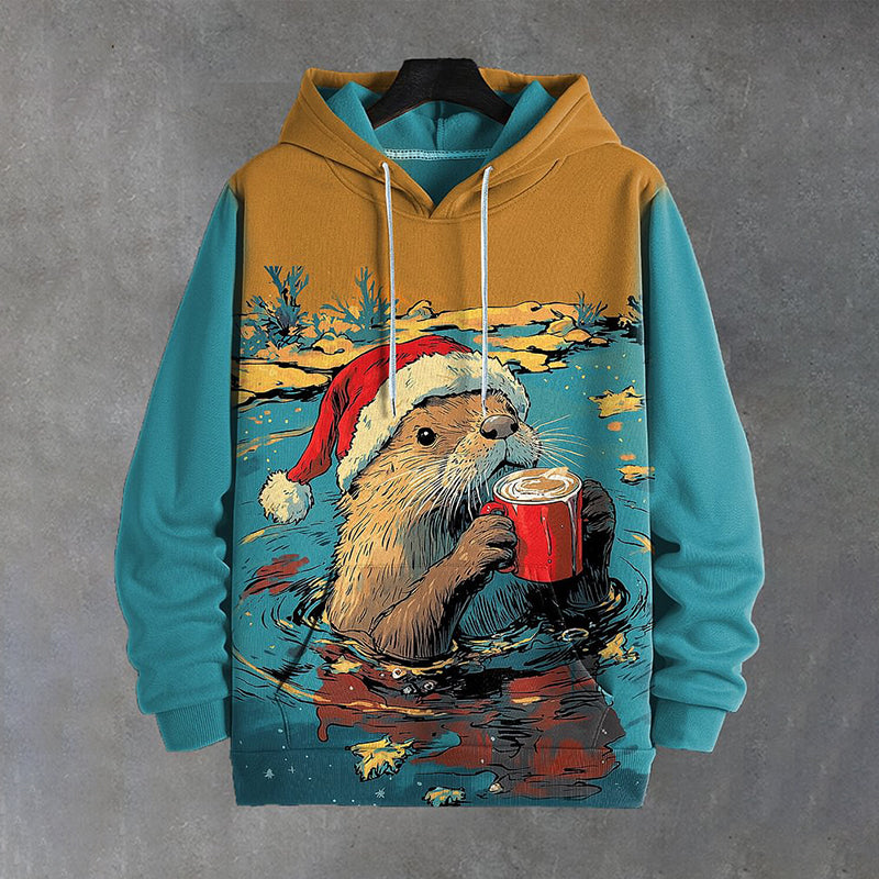 Men's Christmas Otter Drinking Coffee In The Water Japanese Art Print Hooded Sweatshirt