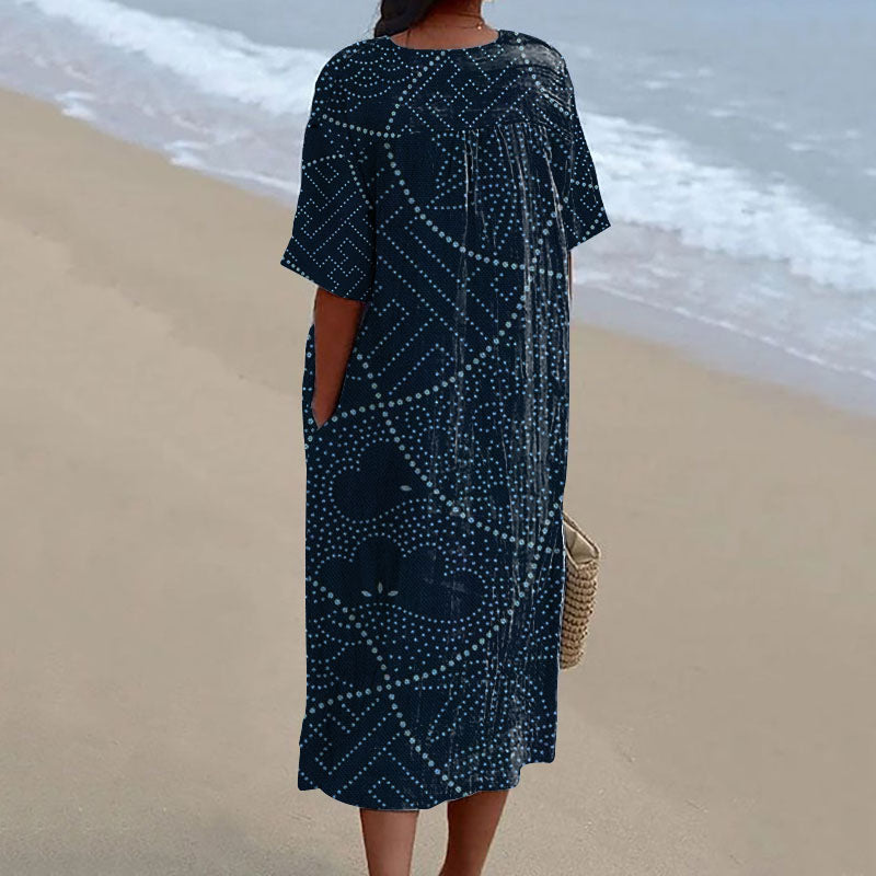 Vintage Japanese Traditional Sashiko Patchwork Art Pattern Linen Blend Midi Dress