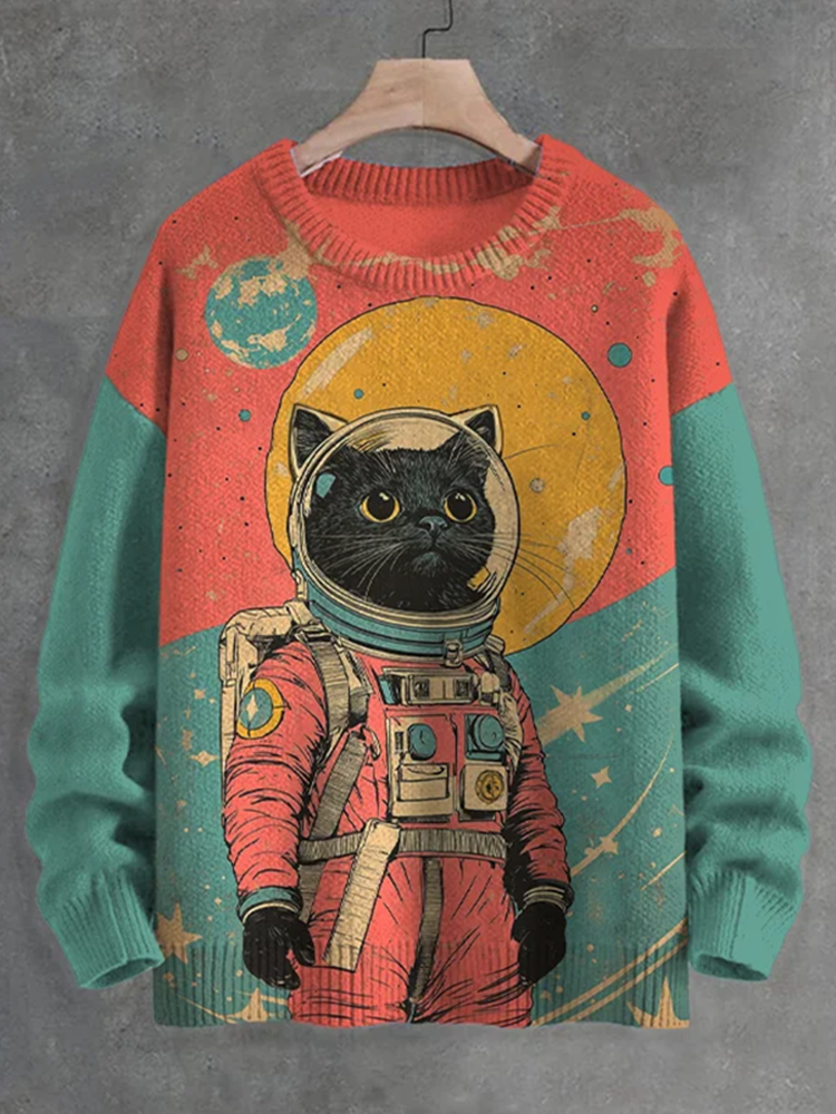 Men's Black Cat Astronaut Color Block Art Print Knit Crew Neck Sweater