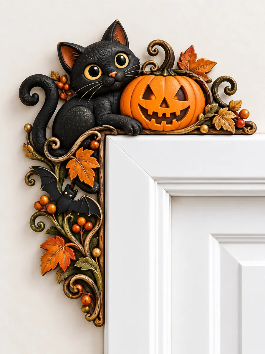 Black Cat & Pumpkin Wooden Door Corner Decor