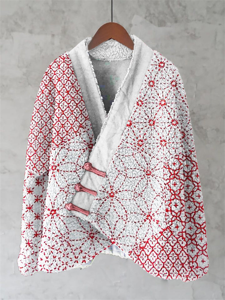 Japanese Geometric Stitch Floral Pattern Women's Kimono
