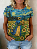 Women's Casual Oil Painting Cotton Linen Print Top