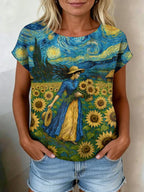 Women's Casual Oil Painting Cotton Linen Print Top