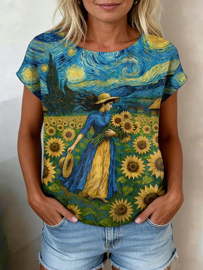 Women's Casual Oil Painting Cotton Linen Print Top