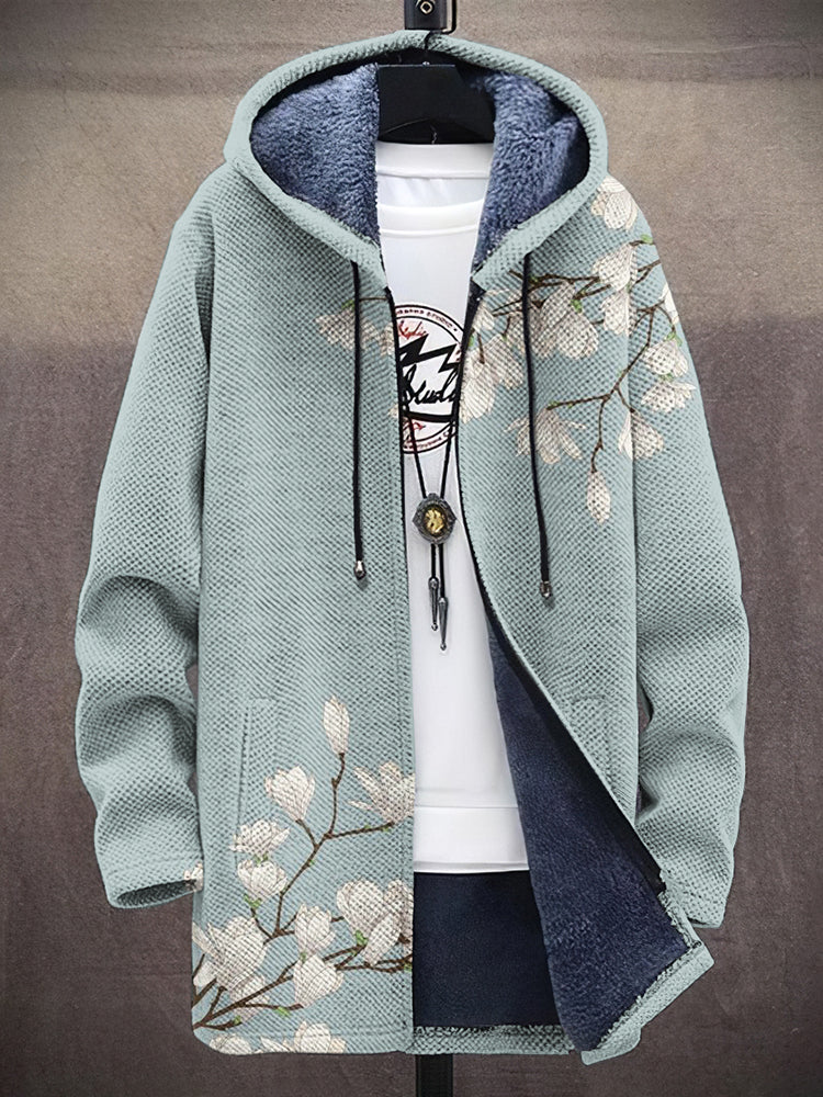 Men's Vintage Magnolia Japanese Art Cozy Hooded Cardigan