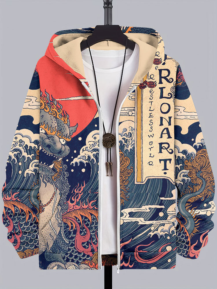 Vintage Japanese Art Wave Print Casual Zip Hoodie