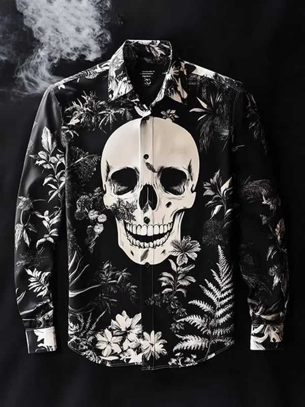 Men's Outdoor Vintage Skull and Floral Long Sleeve Shirt