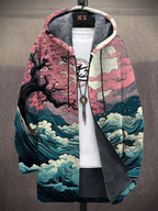 Retro Cherry Trees And Waves In The Moonlight Japan Art Print Long Sleeve Hooded Cardigan Jacket