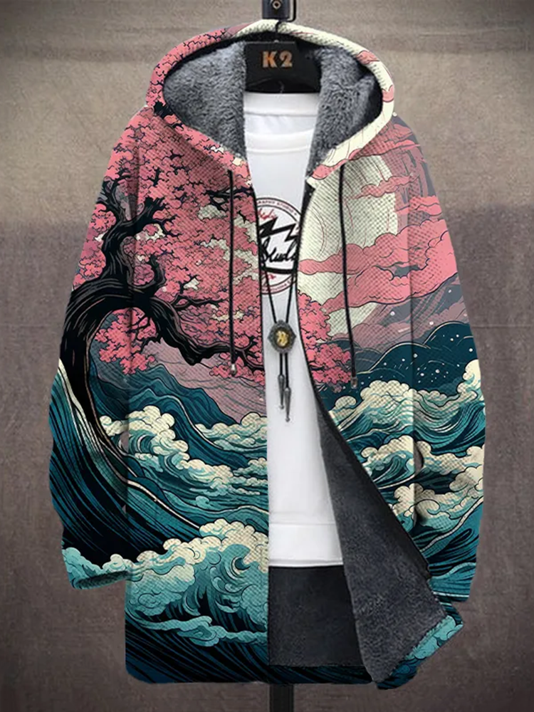 Retro Cherry Trees And Waves In The Moonlight Japan Art Print Long Sleeve Hooded Cardigan Jacket