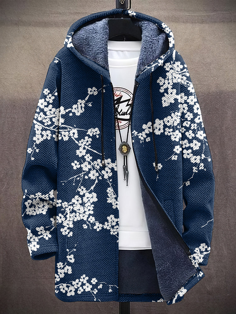 Men's Cherry Blossom Japanese Lino Pattern Cozy Hooded Cardigan
