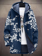 Men's Cherry Blossom Japanese Lino Pattern Cozy Hooded Cardigan
