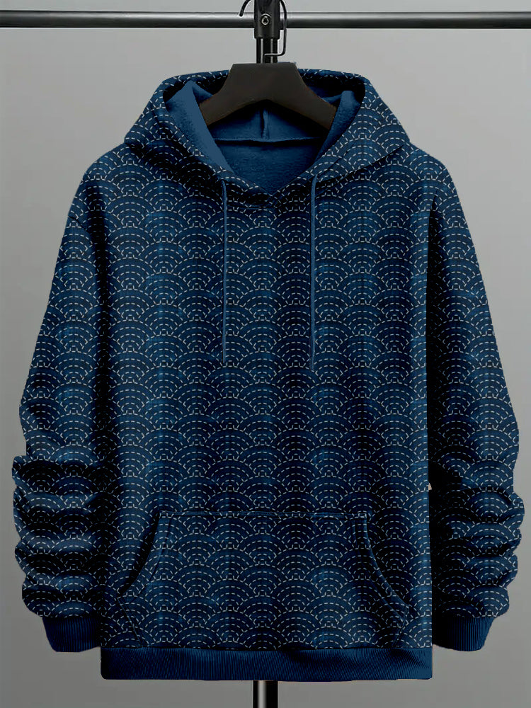 Men's Ocean Waves Japanese Sashiko Art Cozy Hoodie