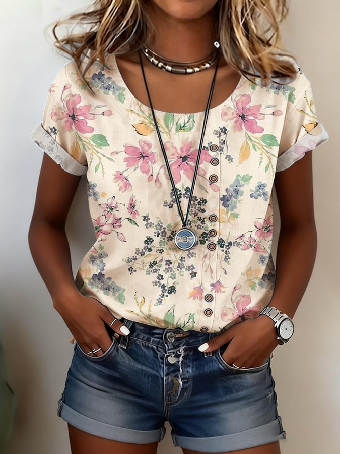 Women's Casual Retro Cotton Linen Floral Top