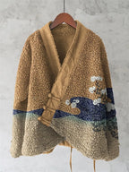 Floral Flow Japanese Splicing Art Cozy Fleece Kimono Cardigan