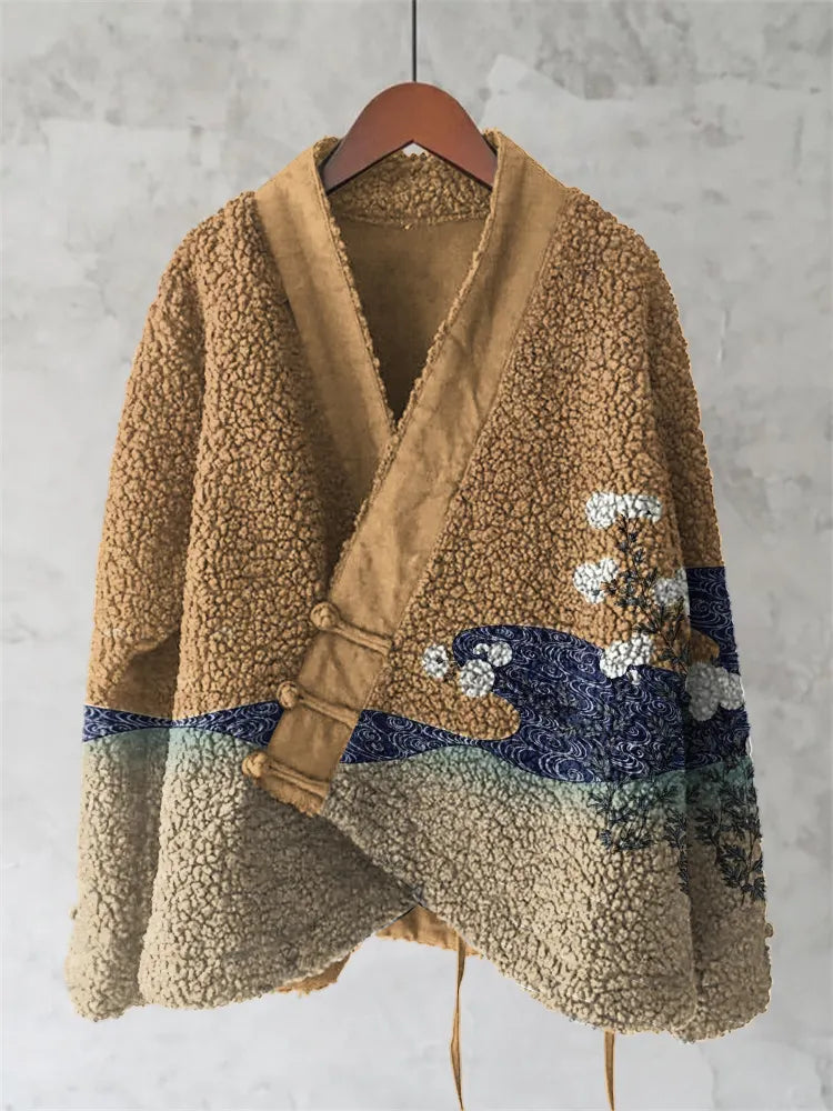 Floral Flow Japanese Splicing Art Cozy Fleece Kimono Cardigan