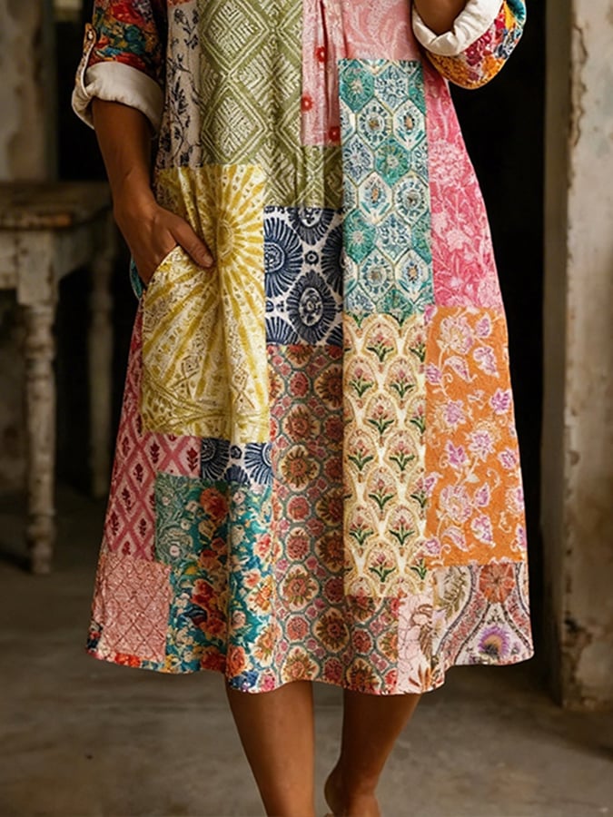 Women's Casual V-Neck Color-Block Printed Cotton-Linen Dress