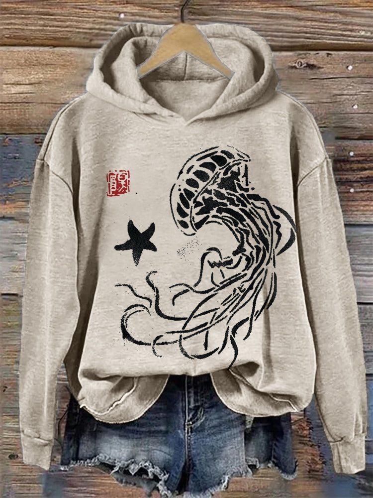 Jellyfish & Starfish Japanese Lino Art Cozy Hoodie