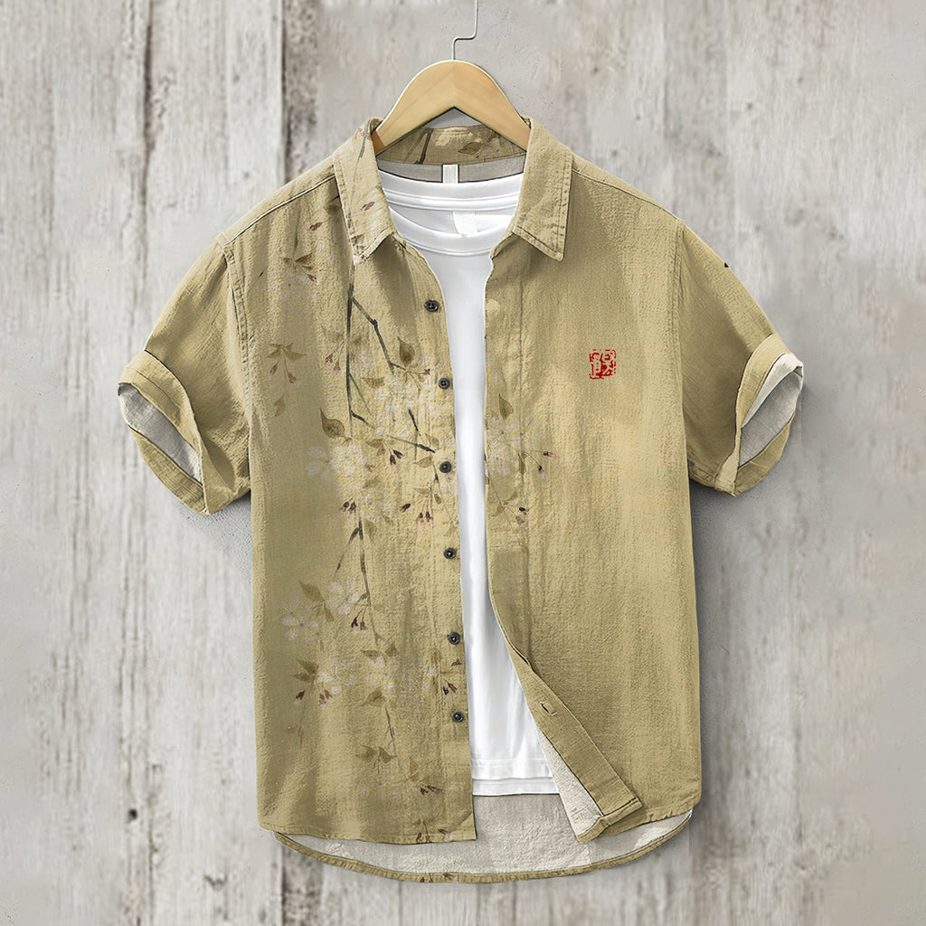 Japanese Flowers Art Short Sleeve Linen Blend Shirt