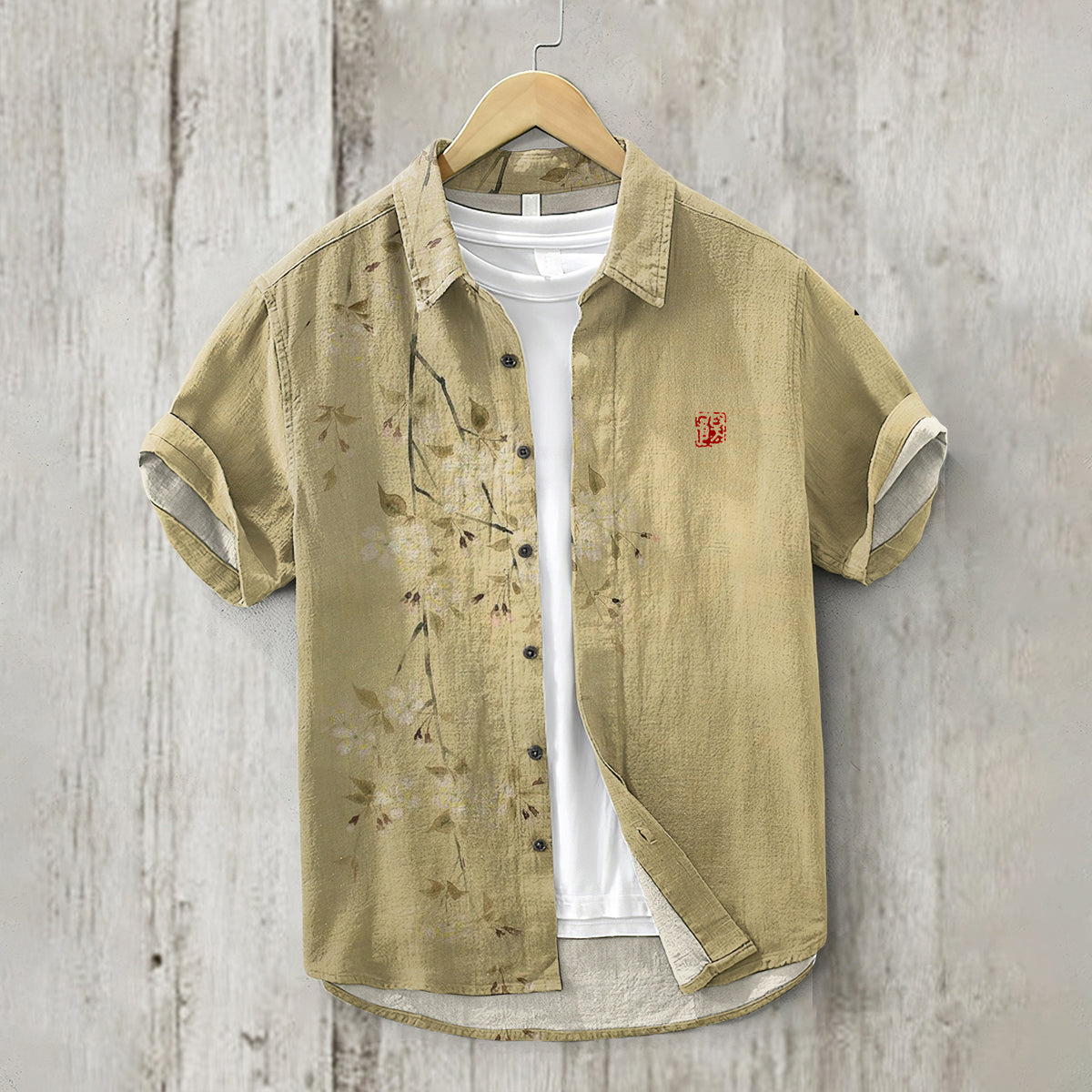 Japanese Flowers Art Short Sleeve Linen Blend Shirt