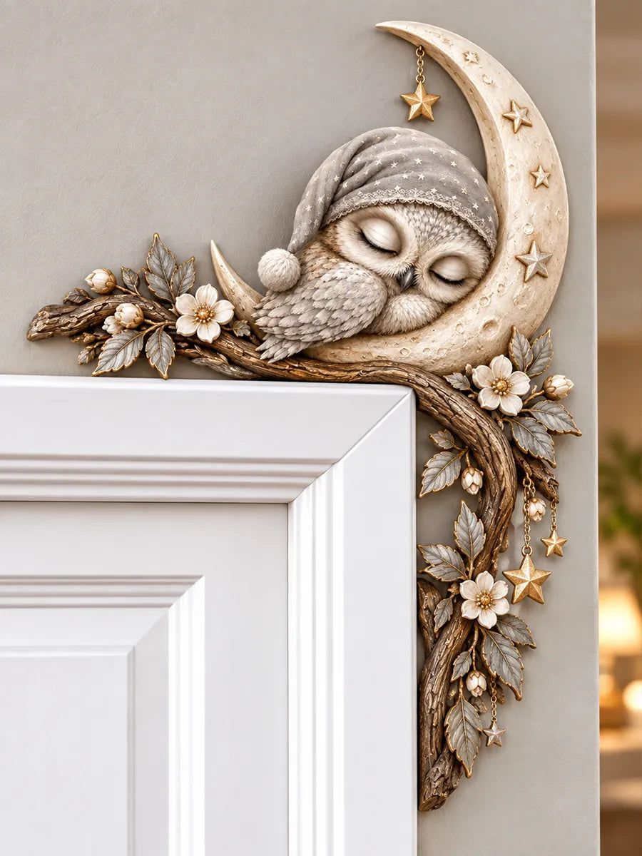 🌙 Sleeping Owl on Crescent Moon Door Frame Topper – Celestial Woodland Corner Decor