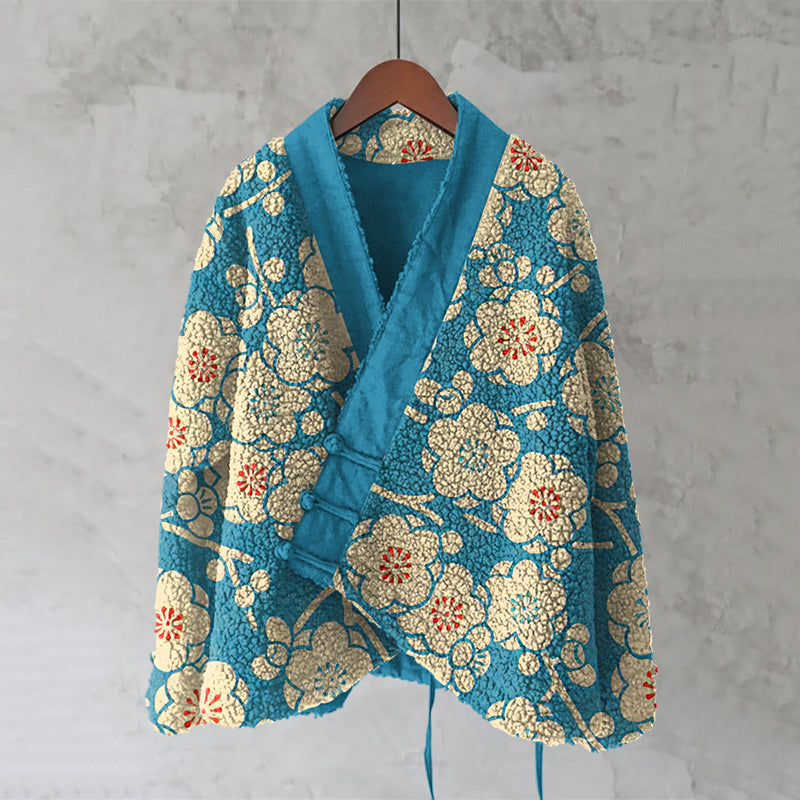 Cherry Blossom Japanese Pattern Cozy Fleece Kimono Cardigan