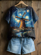 Women's Casual Oil Painting Cotton Linen Print Top