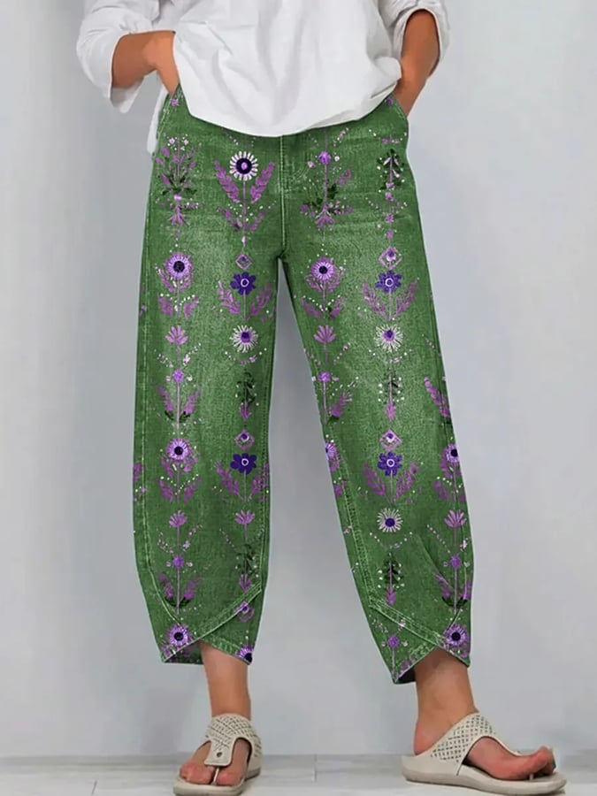 Women's Vintage Flowers Floral Patterns Art Prints Casual Denim Cotton Pants (With Pockets)