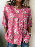 Women's Retro Floral Button Lace Up Tie Shirt