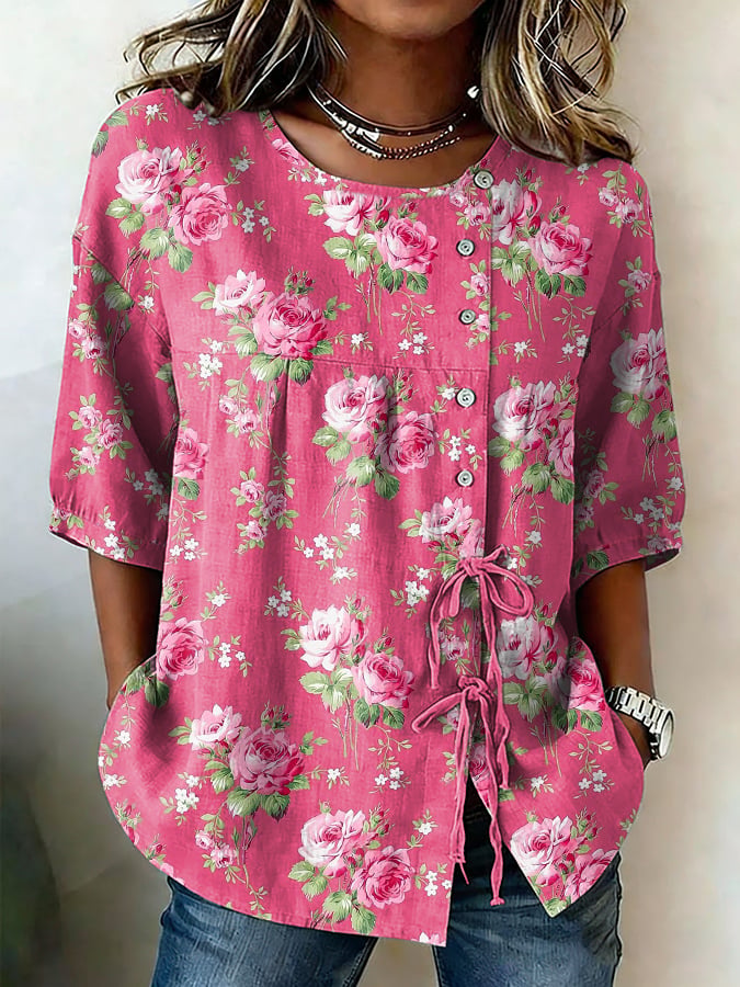 Women's Retro Floral Button Lace Up Tie Shirt